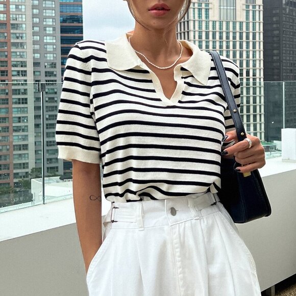 Black and White Casual Women's Striped Pattern Knit Top - Picture 7 of 8